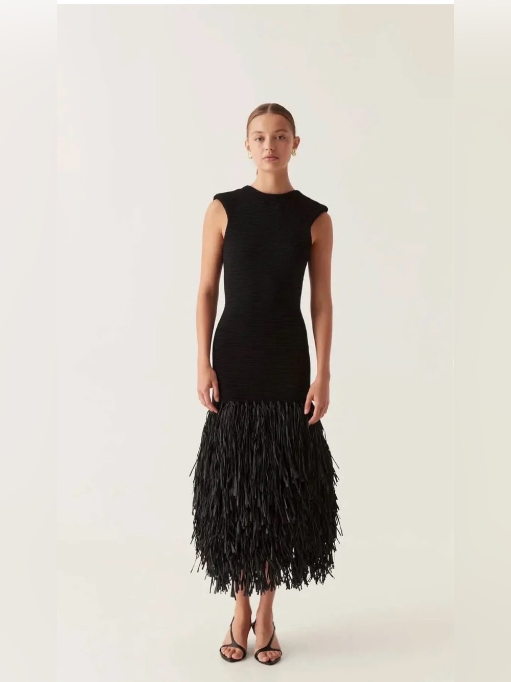 NWOT Sleeveless Black Fringe Hem Midi Dress